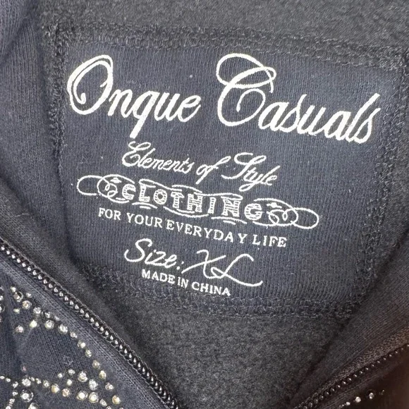 Onque Casuals Black Rhinestone Embellished Zip Up Hoodie Sweatshirt XL - Picture 4 of 9